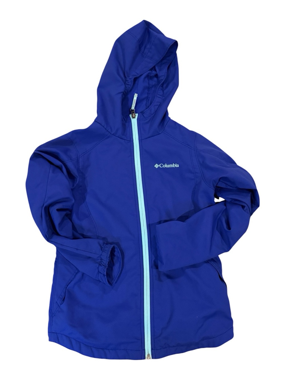 Columbia Kids Blue Hooded Rain Jacket with Light Blue Zip